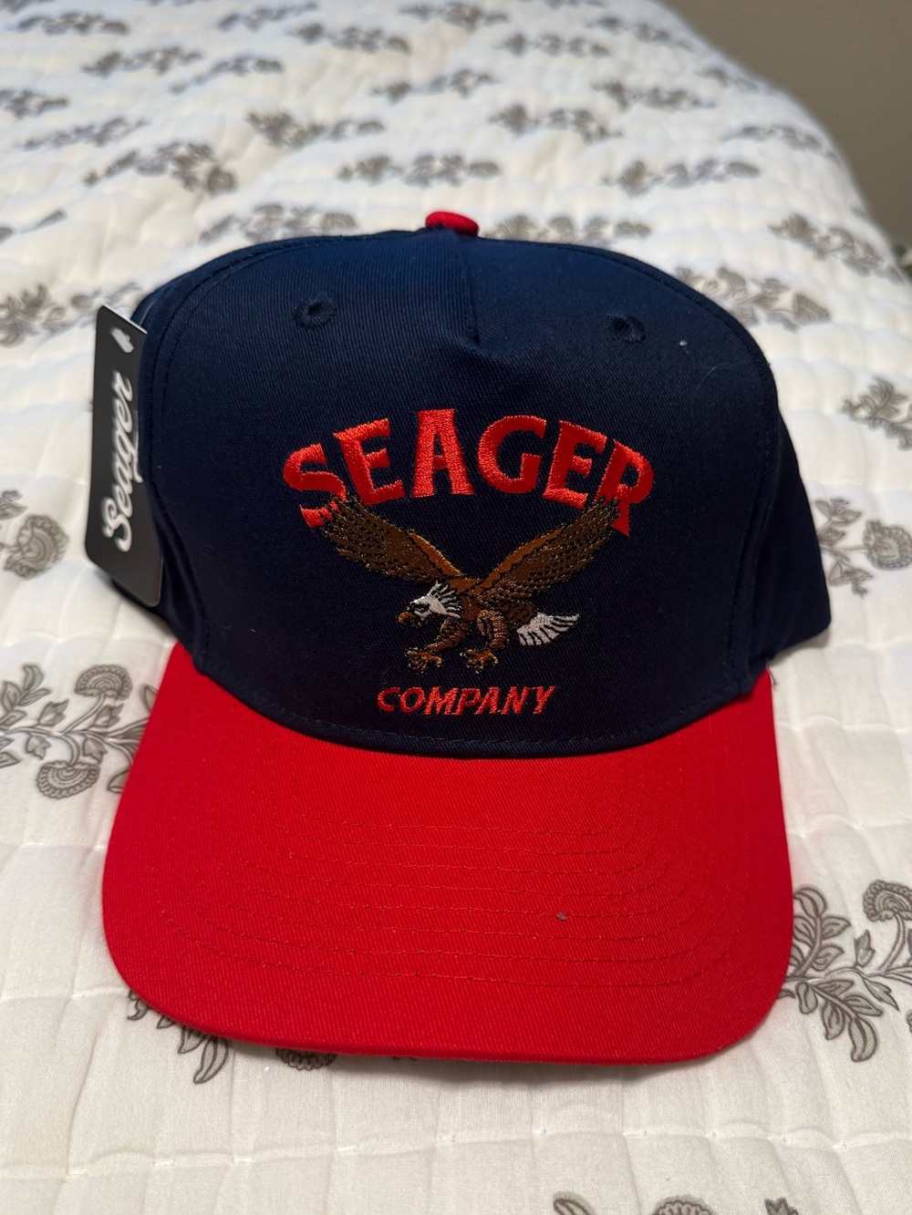 Seager Company Bradley Snapback Hat in Navy with Red Brim